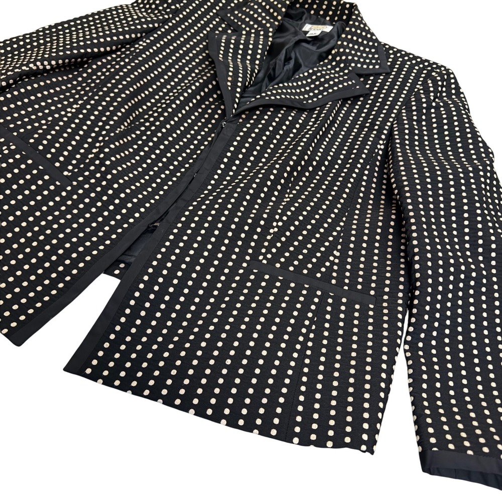 Talbots Woman Blazer 16W Black Cream Polka Dot Textured Cotton Blend Jacket